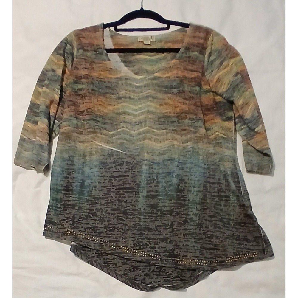 One World Women's 1X Tunic Multicolor Boho Abstract Geometric‎ Embellished Artsy